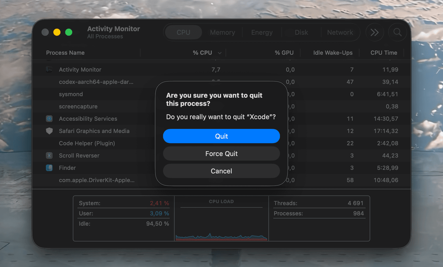 Activity Monitor with an app selected and the Force Quit (Stop) button highlighted