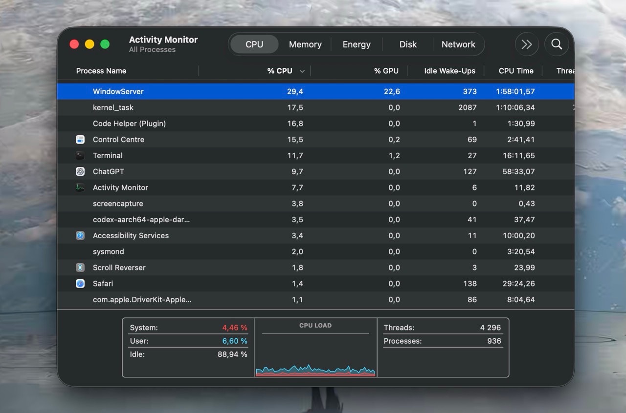 Activity Monitor showing CPU and Memory tabs