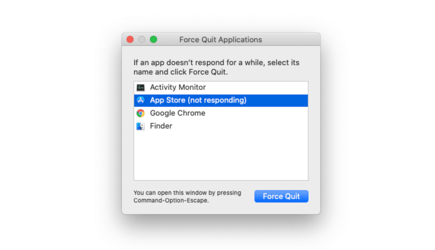 Force Quit Applications window showing “Not Responding” app