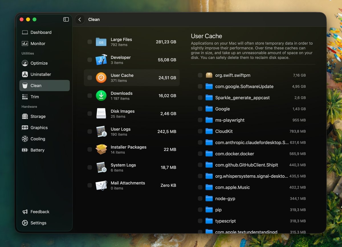 Sensei's cleanup interface showing recoverable junk files