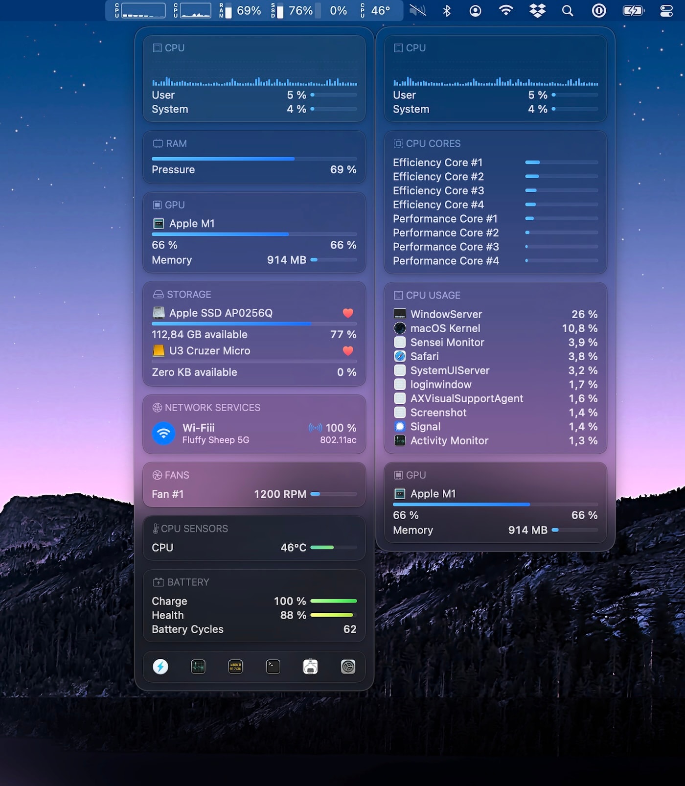 Sensei menu bar monitor showing CPU, GPU, and memory