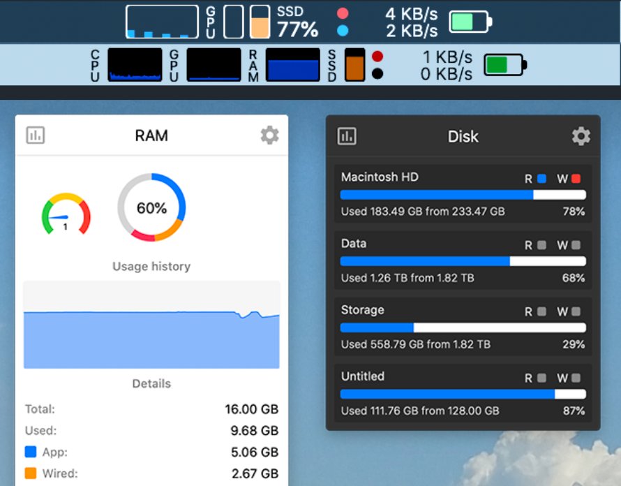 Stats menu bar widgets showing CPU, memory, and network on macOS