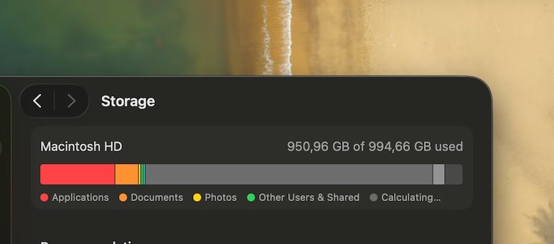 macOS System Settings storage bar showing a nearly full disk