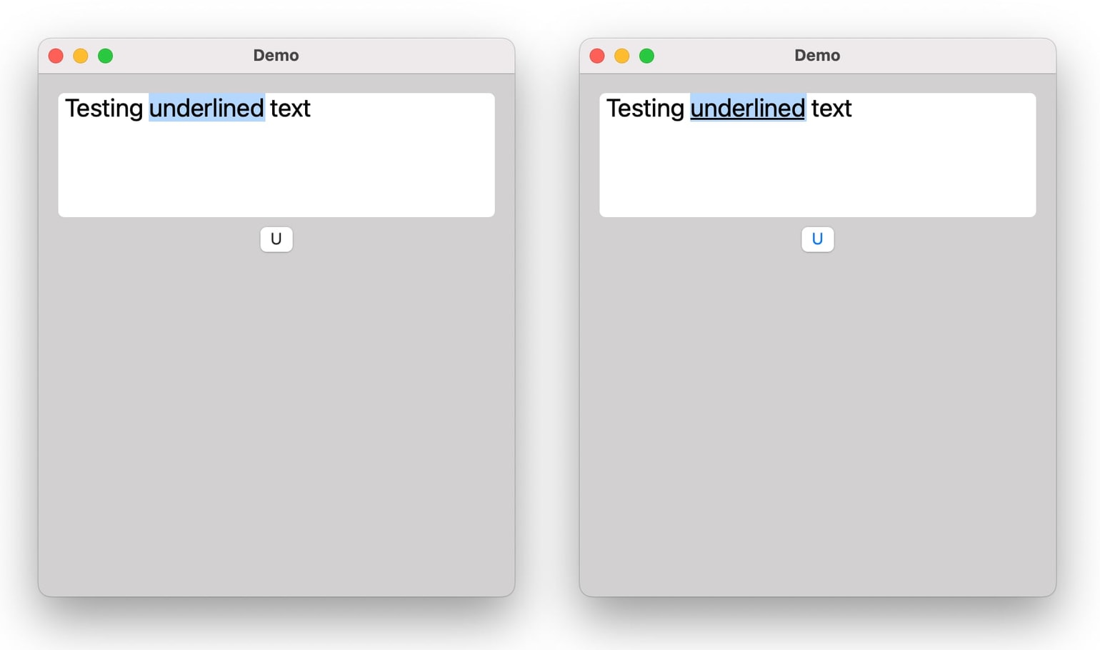 Two macOS windows showing underline support